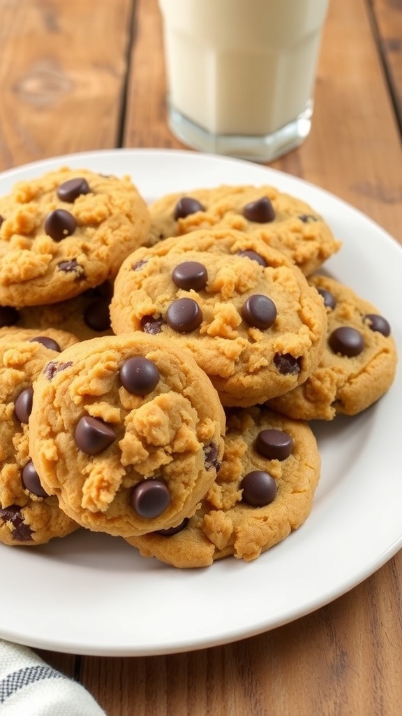 A plate of chocolate chip crumble cookies with a crumbly topping, accompanied by a glass of milk on a wooden table.